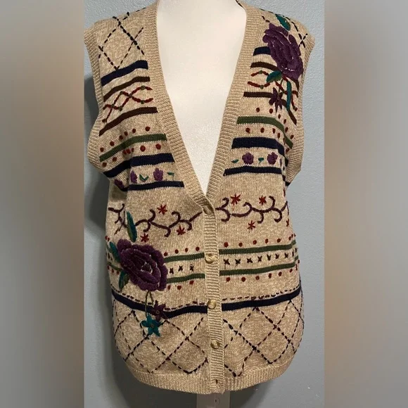 Napa Valley Tan Floral Embroidered Knit Sweater Vest Boho Grannycore Indie Large - Picture 3 of 10